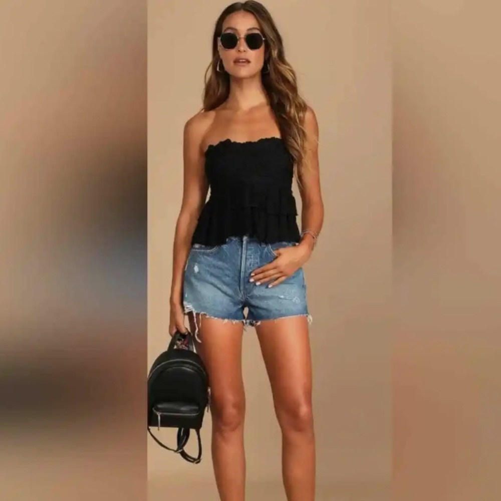 NWT Free People Adella Corset Cami Black Lace Tiered Strapless Crop Top - Picture 2 of 4